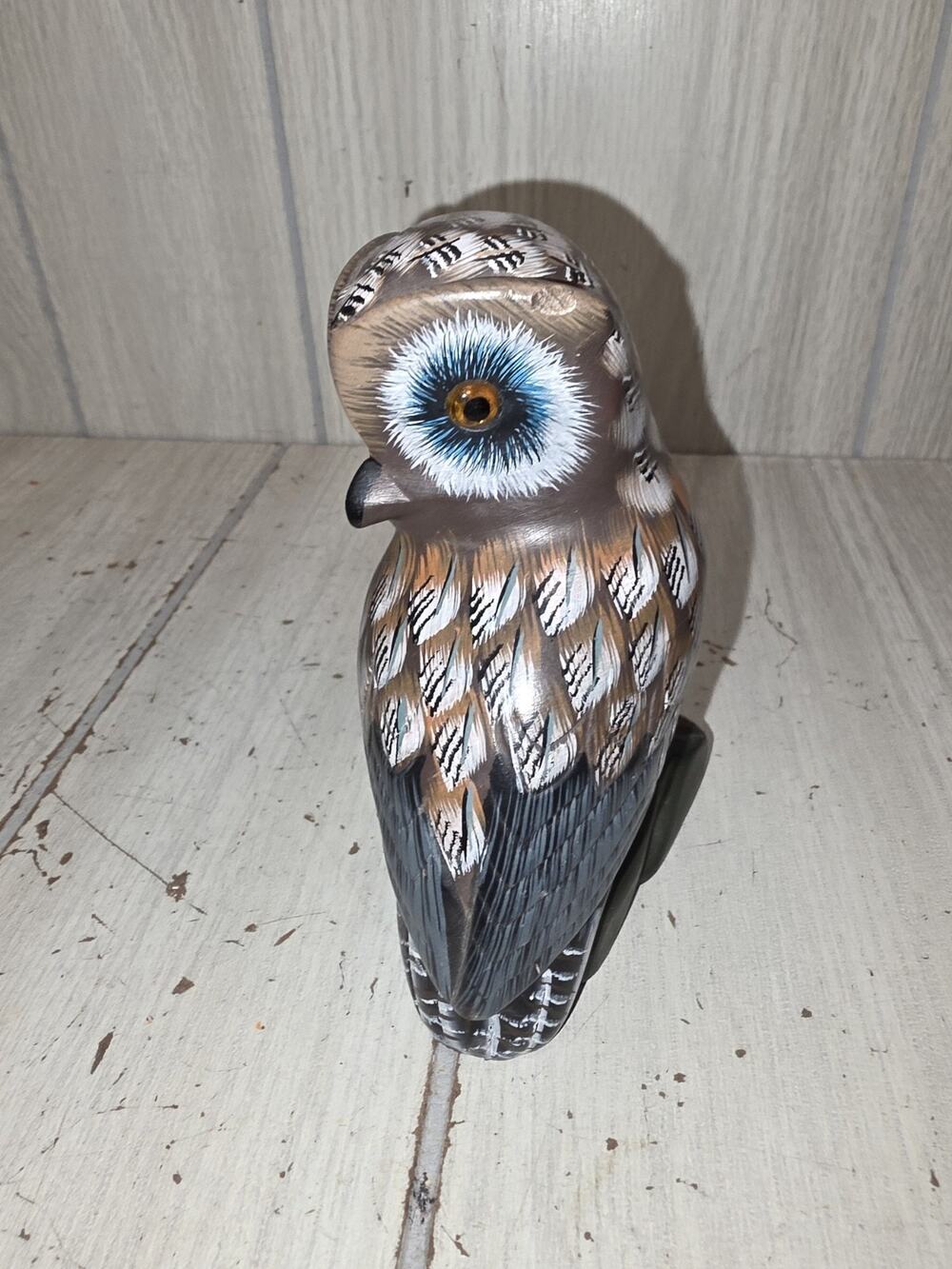 Vintage Owl Carved Stone On Log Hand Painted 5." Figurine Beautiful Majestic